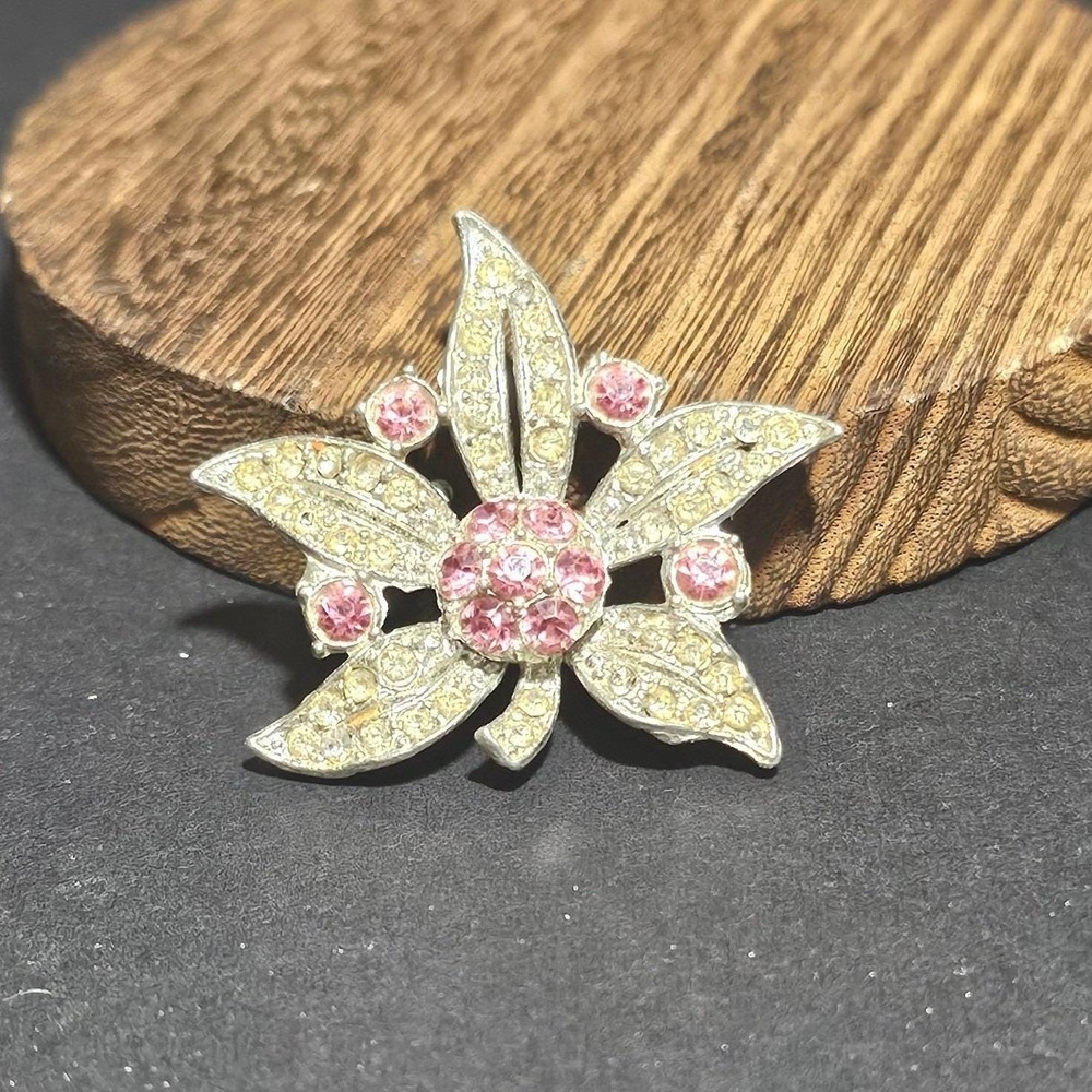 Vintage Pink Yellow Rhinestone Flower Brooch Silver Tone Floral Pin Mid Century